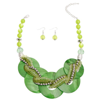 Green Shell Disc Beaded Extendable Necklace and Earring Set