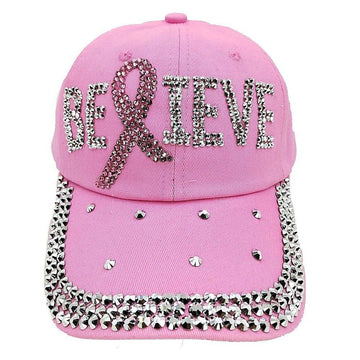 Believe PInk Ribbon RHinestone Cap