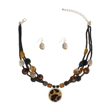 Leopard Print Pendant Boho Necklace with Wood and Stone Beads and Earrings