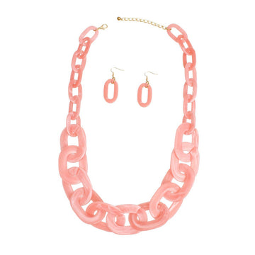 Retro Long Pink Marbled Beaded Necklace and Earrings Set