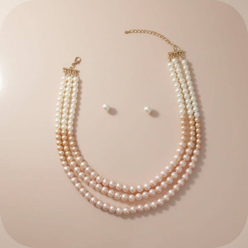 Pink and Cream Ombre Glass Pearl 3-Strand Necklace and Earrings Set