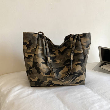 Casual Camo Print Canvas Shoulder Handbag