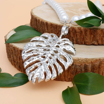 White Pearl Silver Palm Leaf Pendant Necklace with Matching Earrings