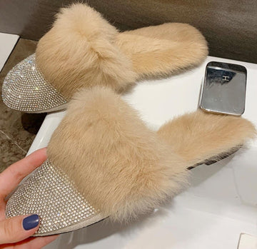 Ladies Bling Jeweled with Fur Slide Slippers