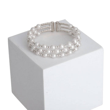 Silver Pearl & Rhinestone Memory Wire Bracelet – 3 Row Cuff