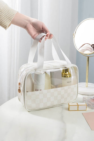 Checkered Clear Travel Bag with PU Leather Trim – Water-Resistant Carry-On Organizer