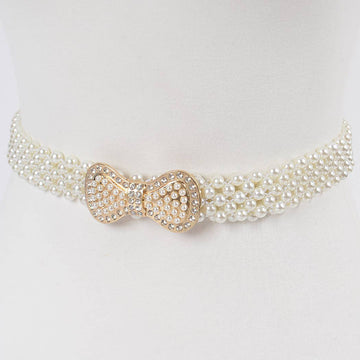 Elastic Pearl Waist Belt W/ribbon Buckle