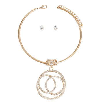 3D Gold-Tone Rhinestone Circle Pendant Necklace and Earrings
